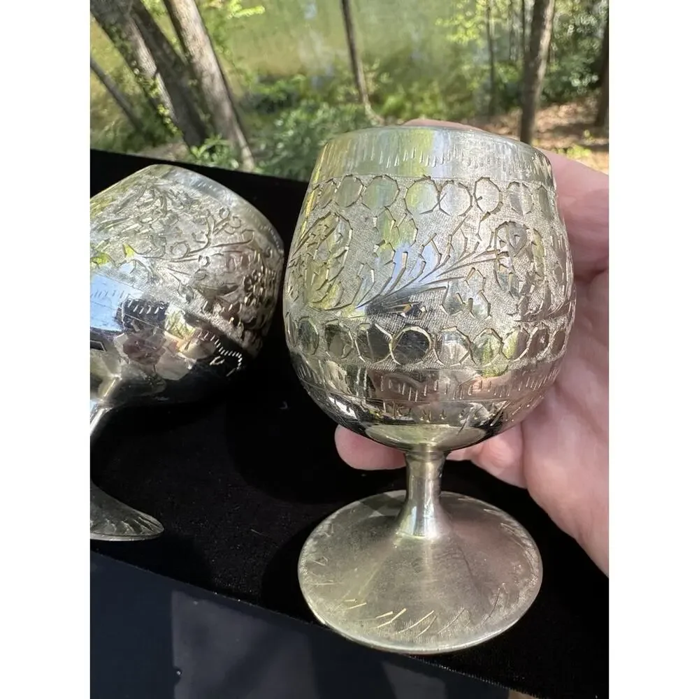2 Etched Silver Tone Goblets Cups India Wedding Celebration EUC -A50